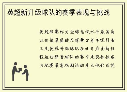 英超新升级球队的赛季表现与挑战